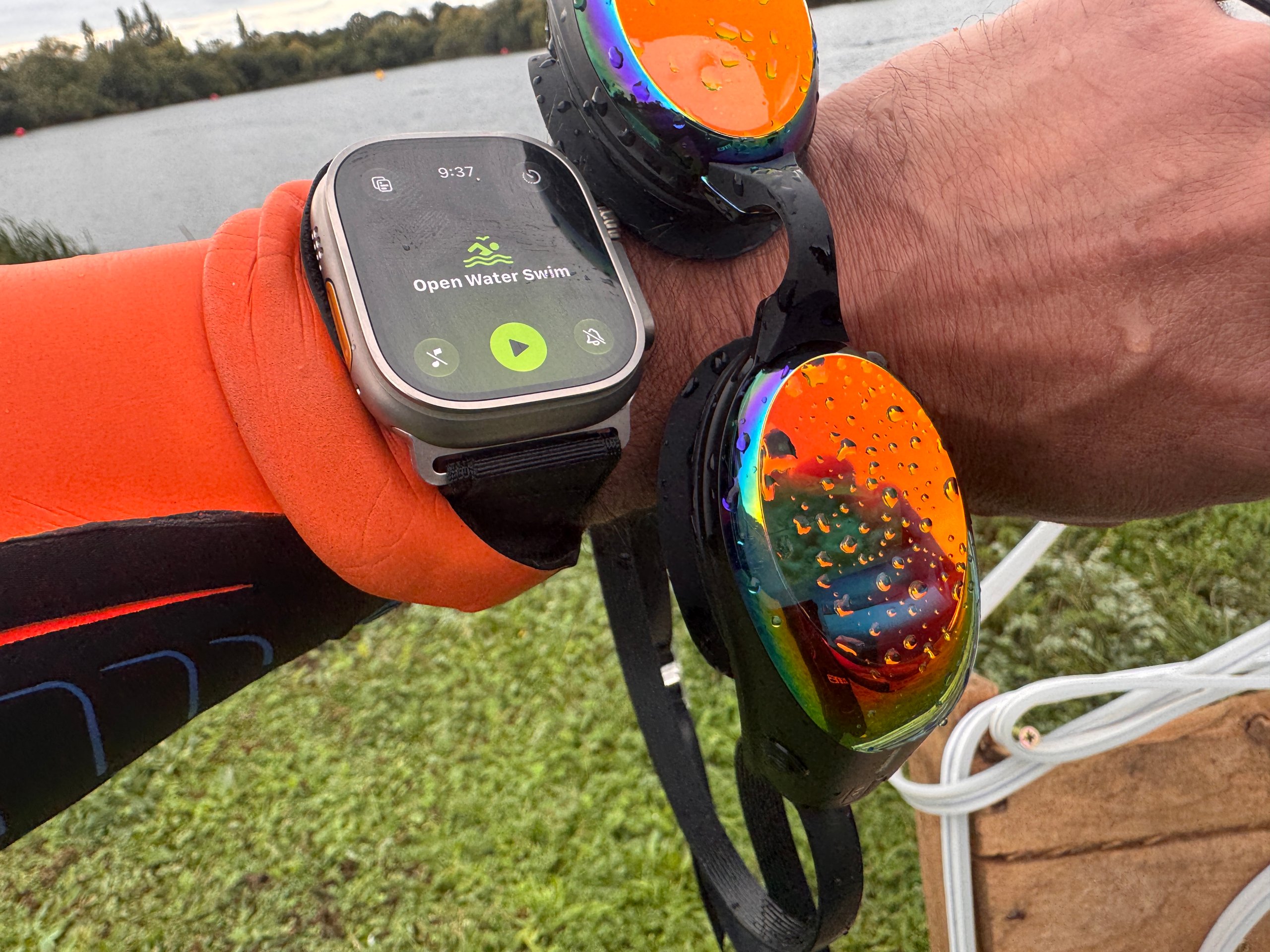 Apple Watch Ultra 4 and Holoswim 3 Pro goggles before an open water GPS test at Shepperton Lake