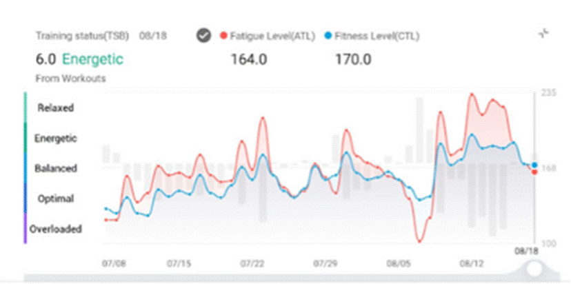 Ben Dhiman’s short and long-term fatigue levels. Data from the Amazfit Cheetah 2 Ultra, July 2026