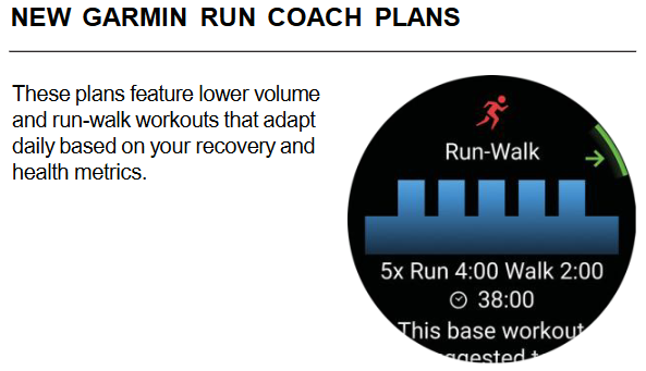 Garmin Coach New Low Volume and Run Walk Plans Example