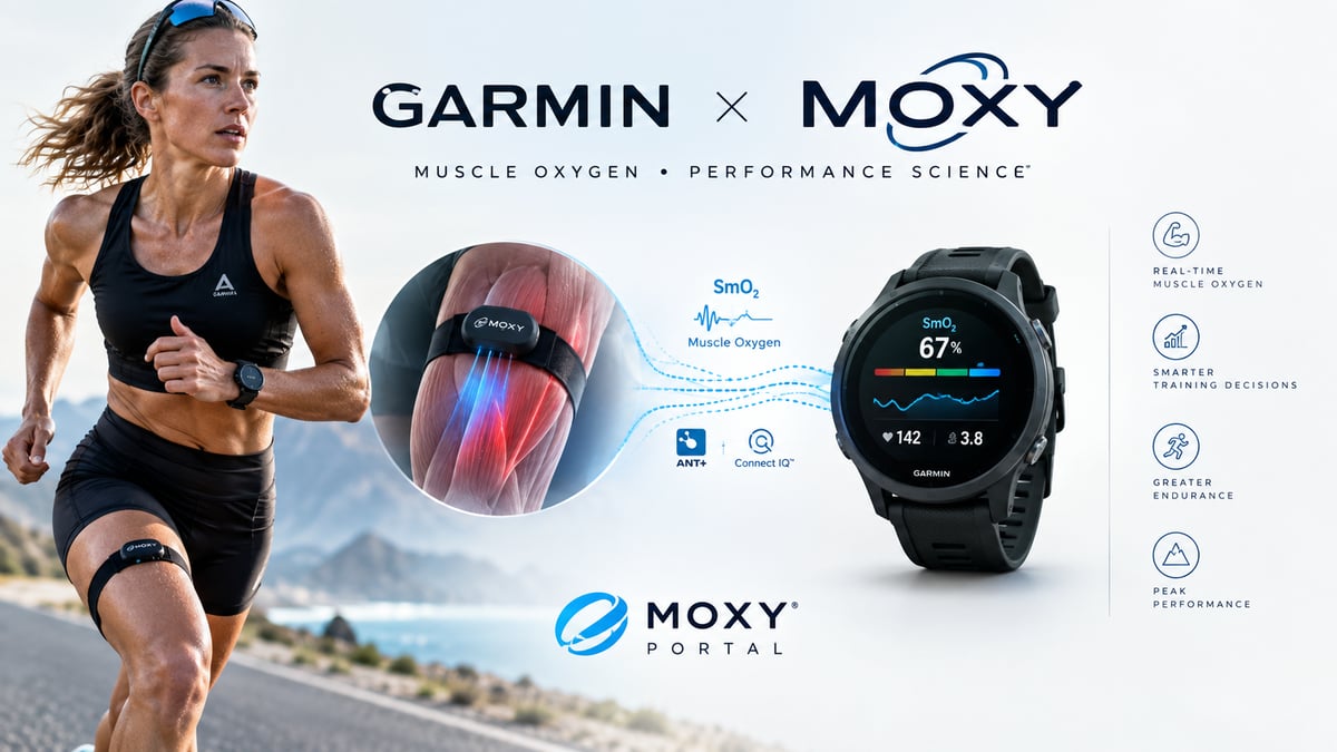 Moxy muscle oxygen sensor worn on the thigh sending SmO2 data to a Garmin watch