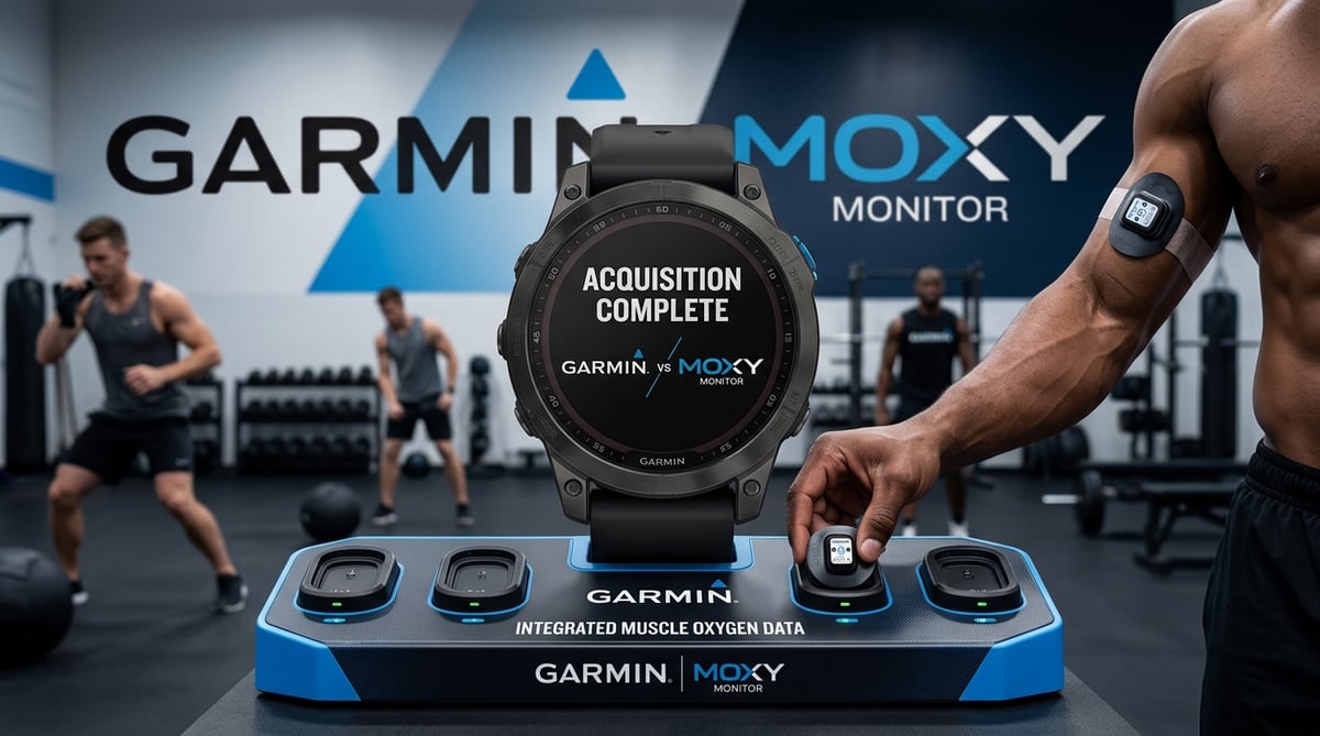 Garmin watch and Moxy sensors on a table with the watch face reading Acquisition complete