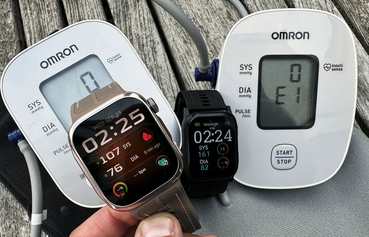 Huawei Watch D3 blood pressure watch shown next to the alternative Wellue blood pressure watch