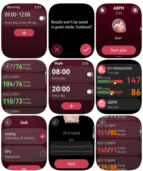 Huawei Watch D3 smart blood pressure showing 9 typical watch app screens for its BP features