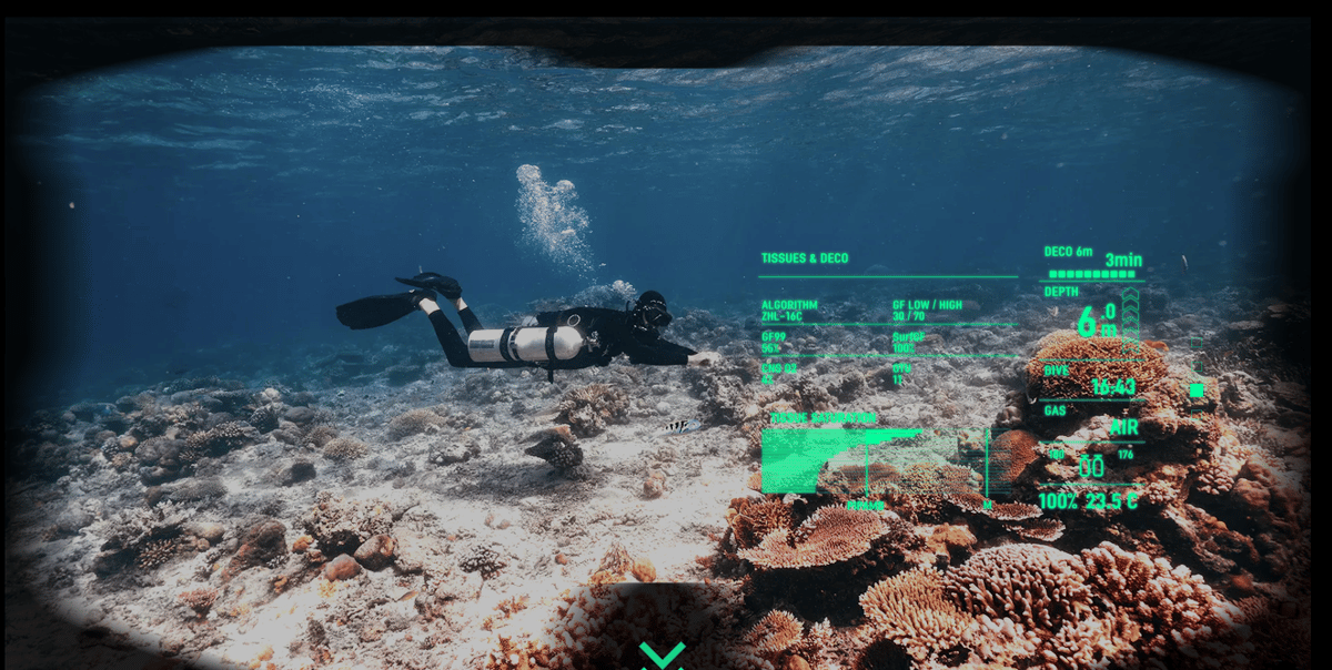 AREX ONE HUD view showing dive computer metrics
