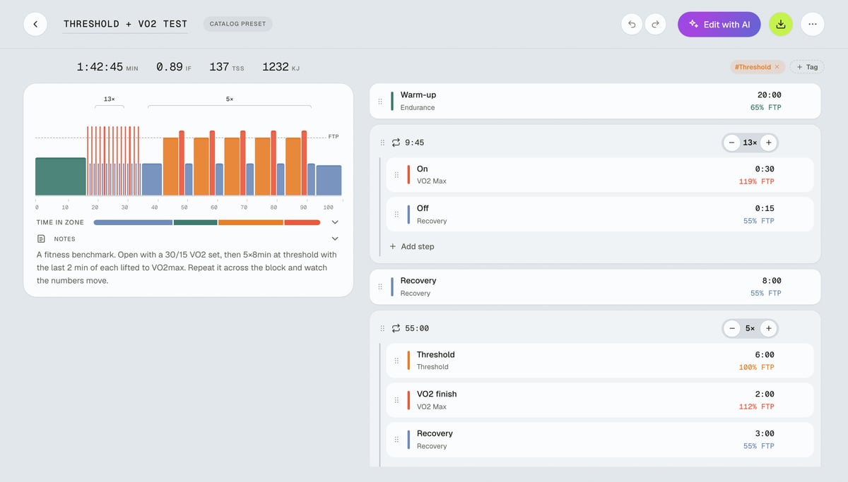 Blocks workout builder showing a threshold and VO2 session as coloured blocks, with the Edit with AI button at the top