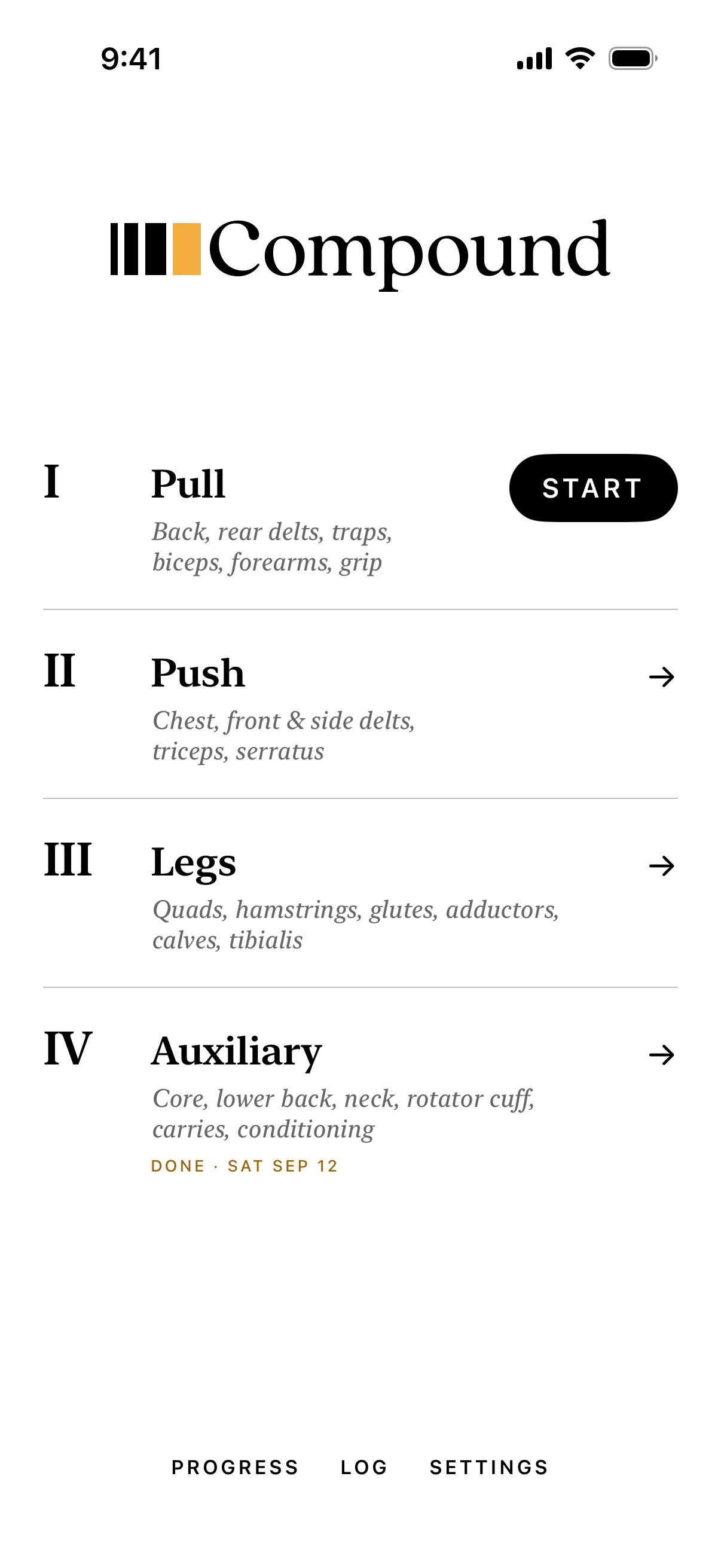 Compound's home screen on iPhone listing the four days, Pull, Push, Legs and Auxiliary, with the muscles each one trains and a Start button on the next day