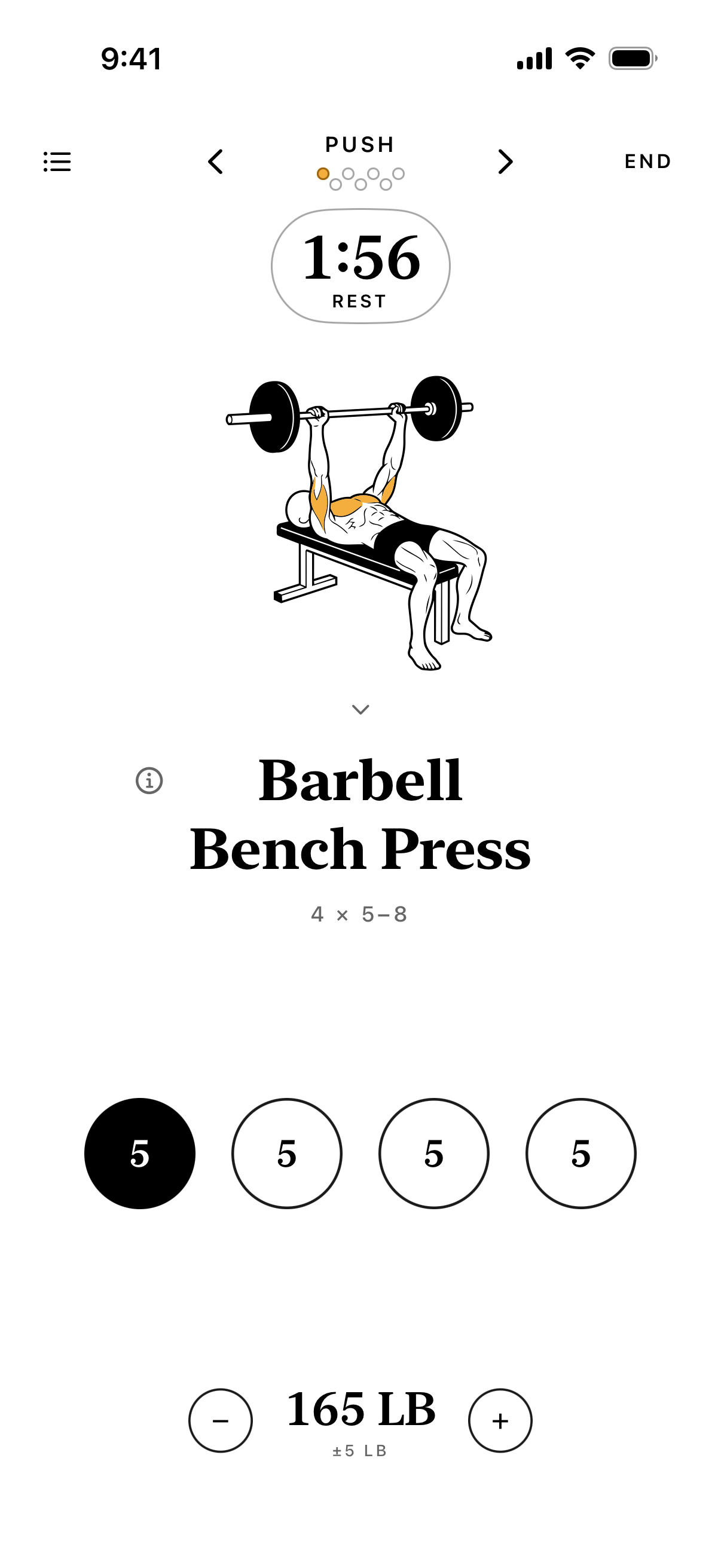 A Barbell Bench Press page in Compound with four set circles at 5 reps, 165 lb and plus and minus buttons, and a 1:56 rest timer at the top
