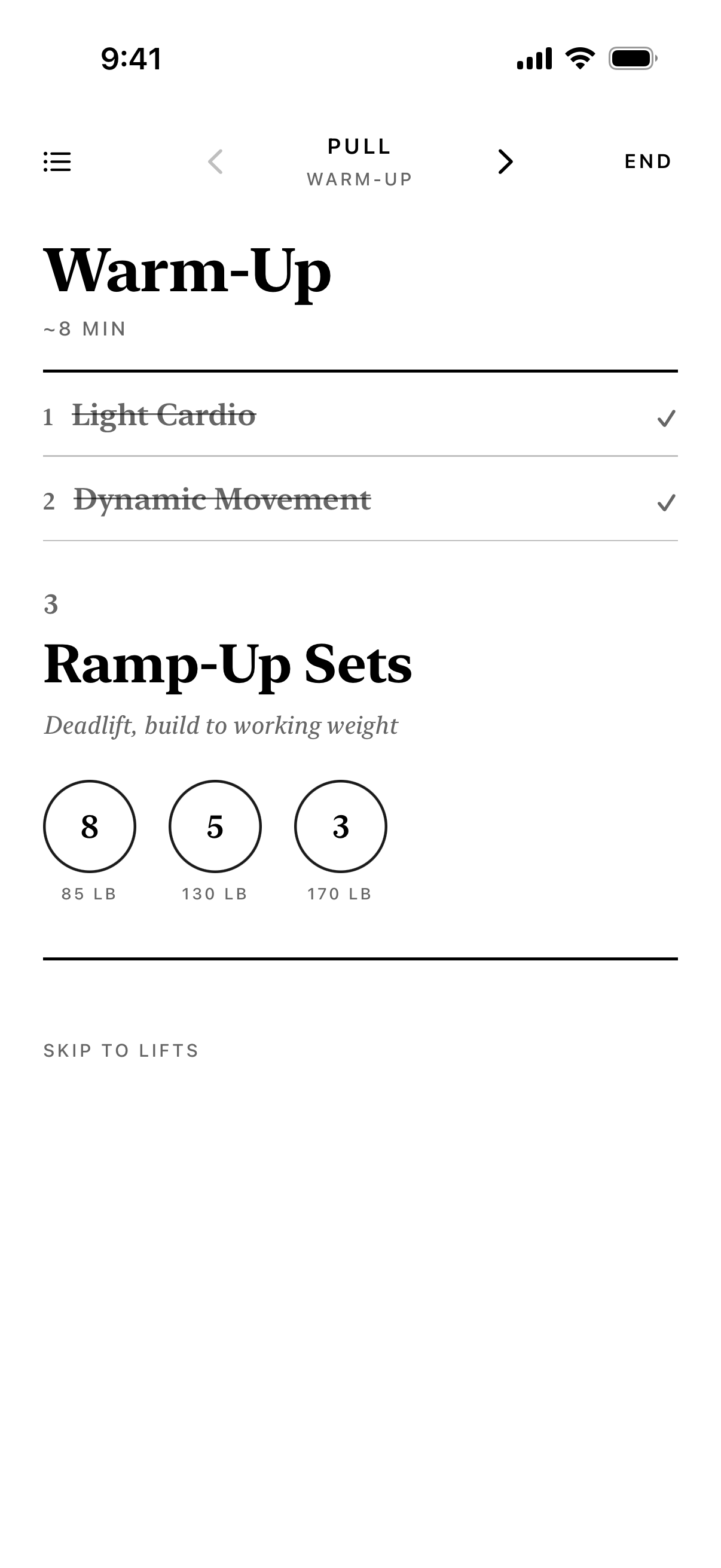 Compound's warm-up on iPhone showing cardio and dynamic movements ticked off, then three ramp-up sets of 8, 5 and 3 reps building to the deadlift