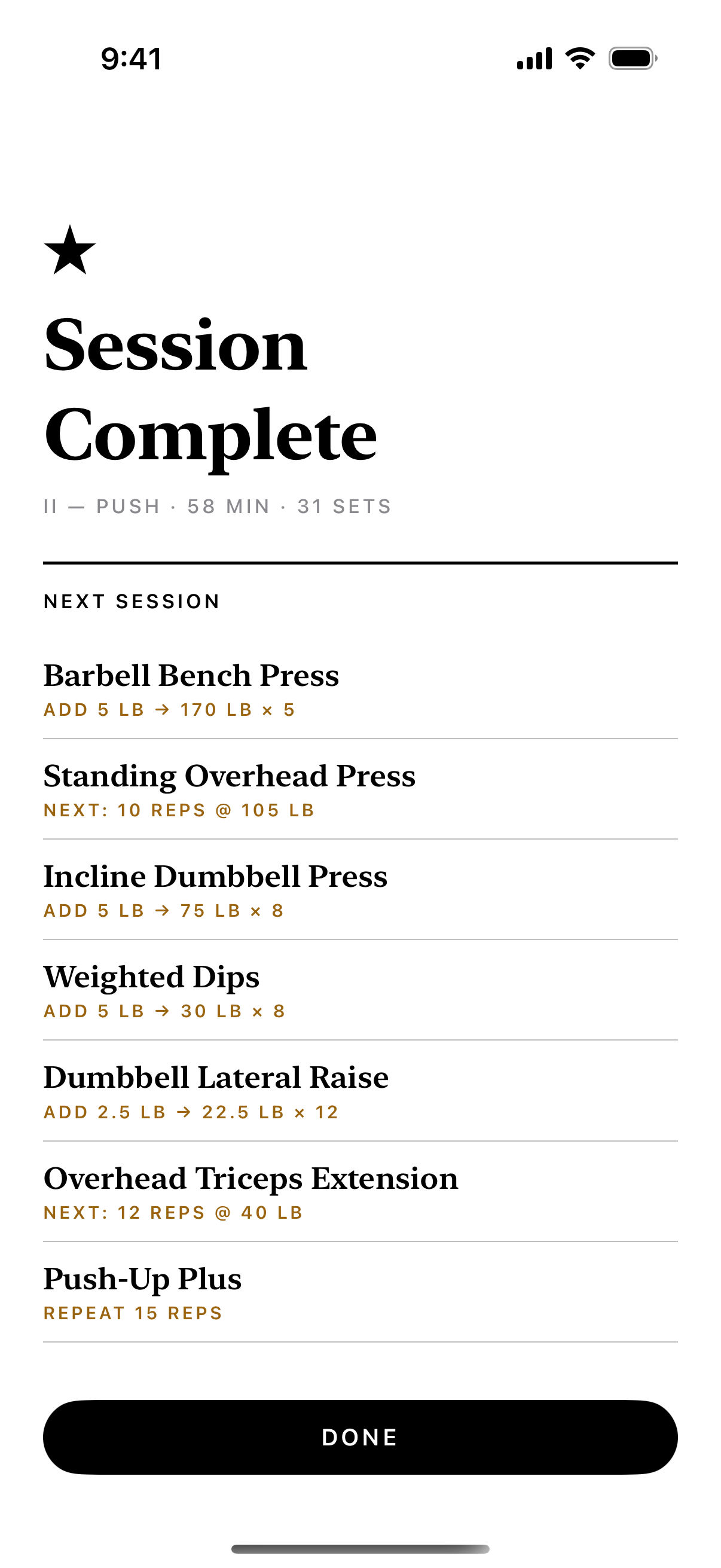 A Session Complete summary for a Push day listing each lift's next target, including Barbell Bench Press: add 5 lb, 170 lb for 5