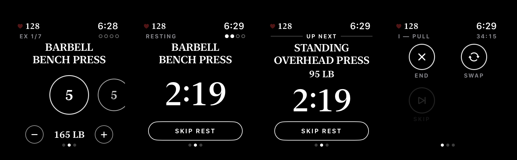 Four Compound screens on Apple Watch: bench press set circles at 165 lb, a rest countdown, an Up Next screen and the controls page with End, Swap and Skip