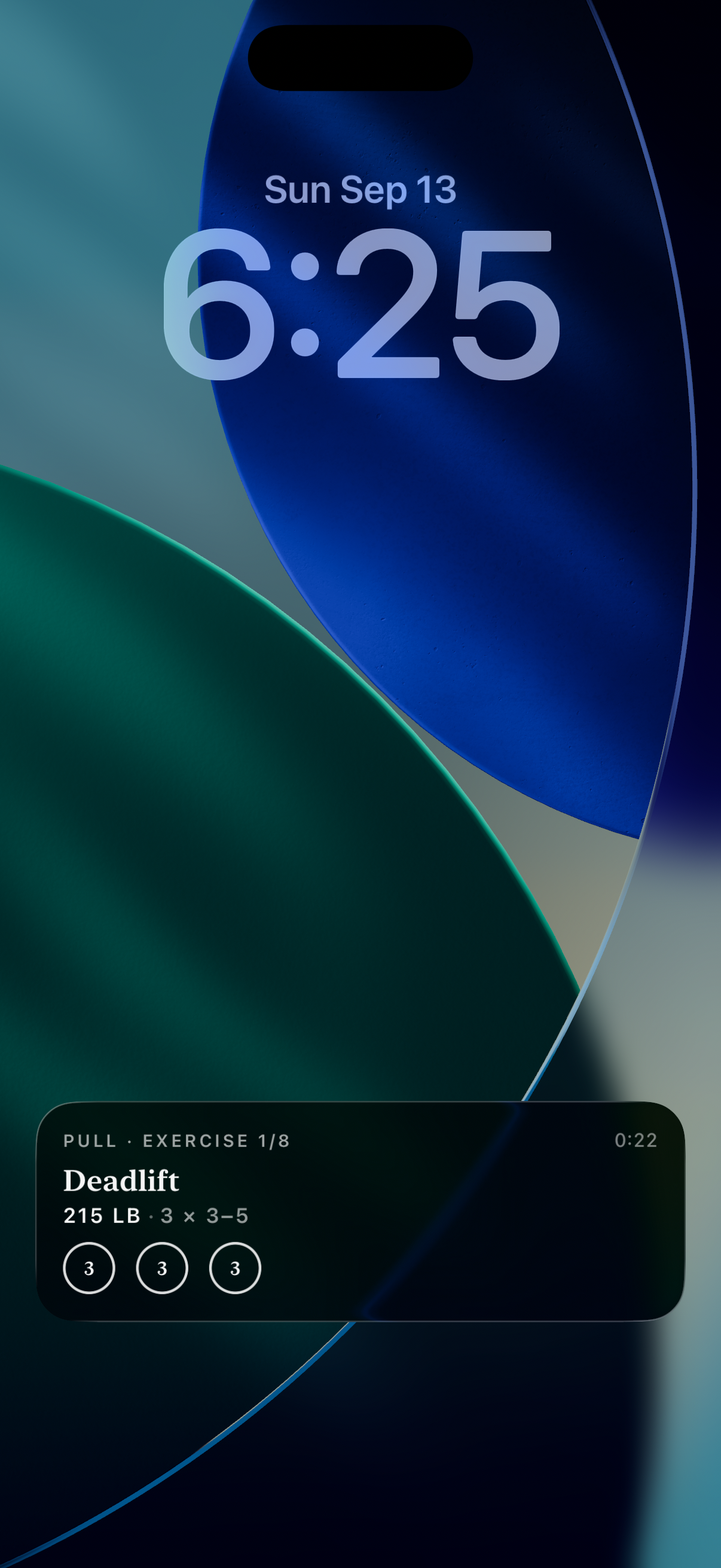 An iPhone Lock Screen with Compound's Live Activity showing a deadlift at 215 lb for 3 sets of 3 to 5, with tappable set circles