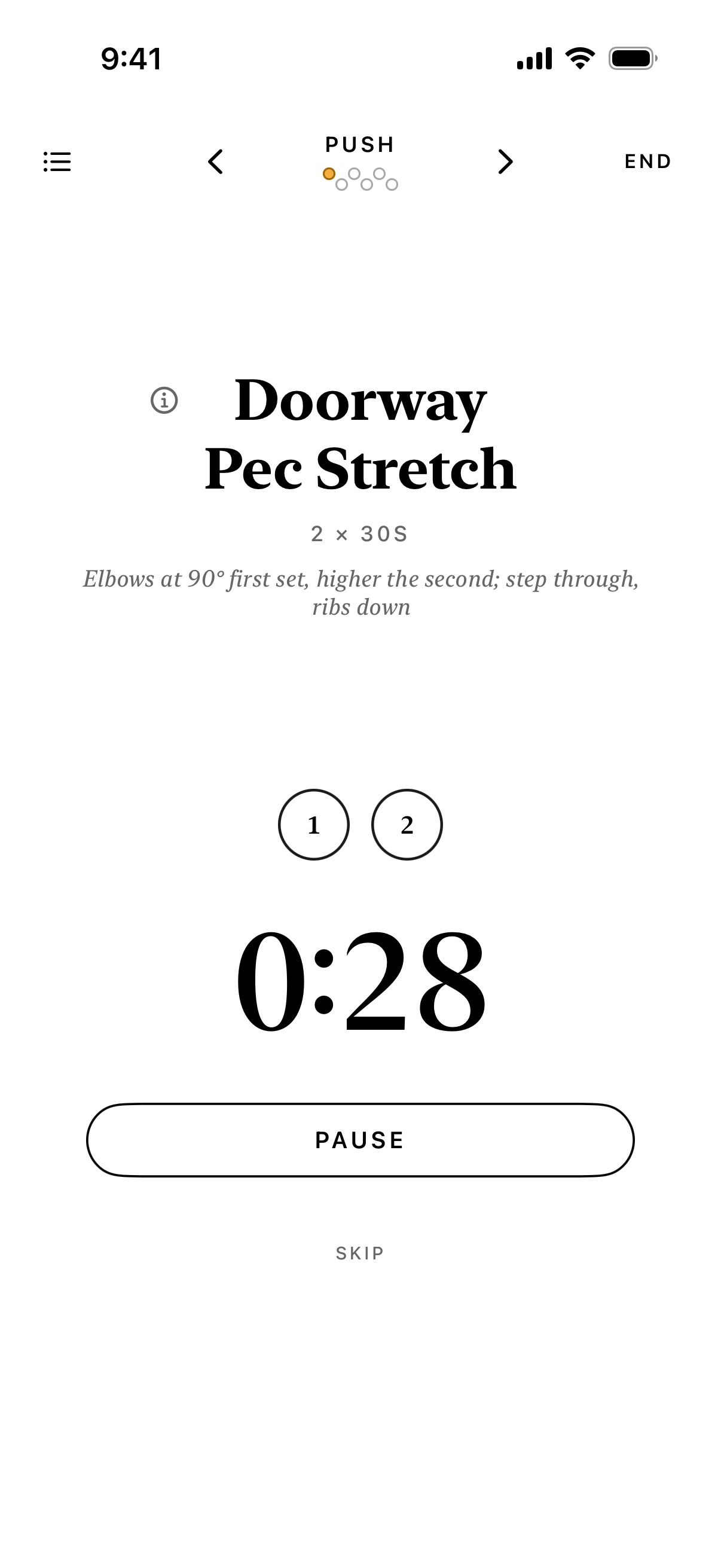 A mobility stretch in Compound, the Doorway Pec Stretch, with a countdown, two set circles and a Pause button
