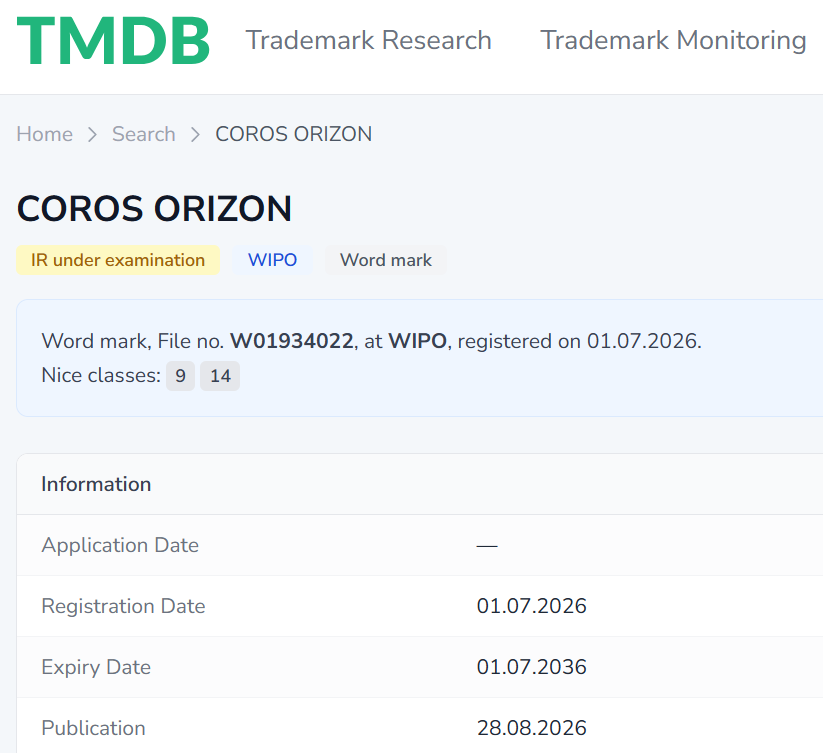 coros orizon trademark