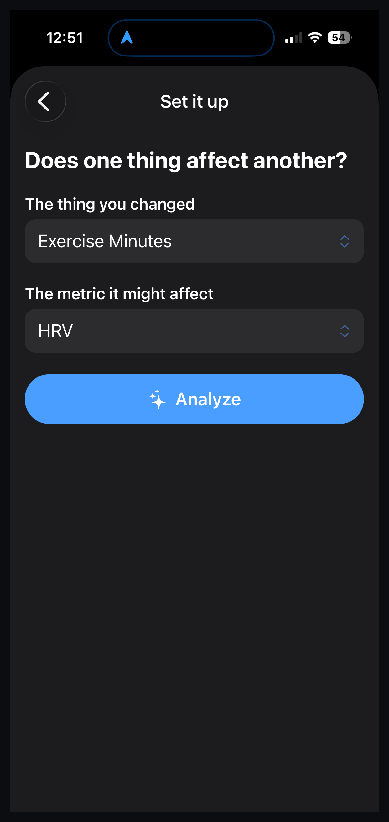 Correlate Ask template setup on iPhone with two dropdowns for the thing you changed and the metric it might affect.