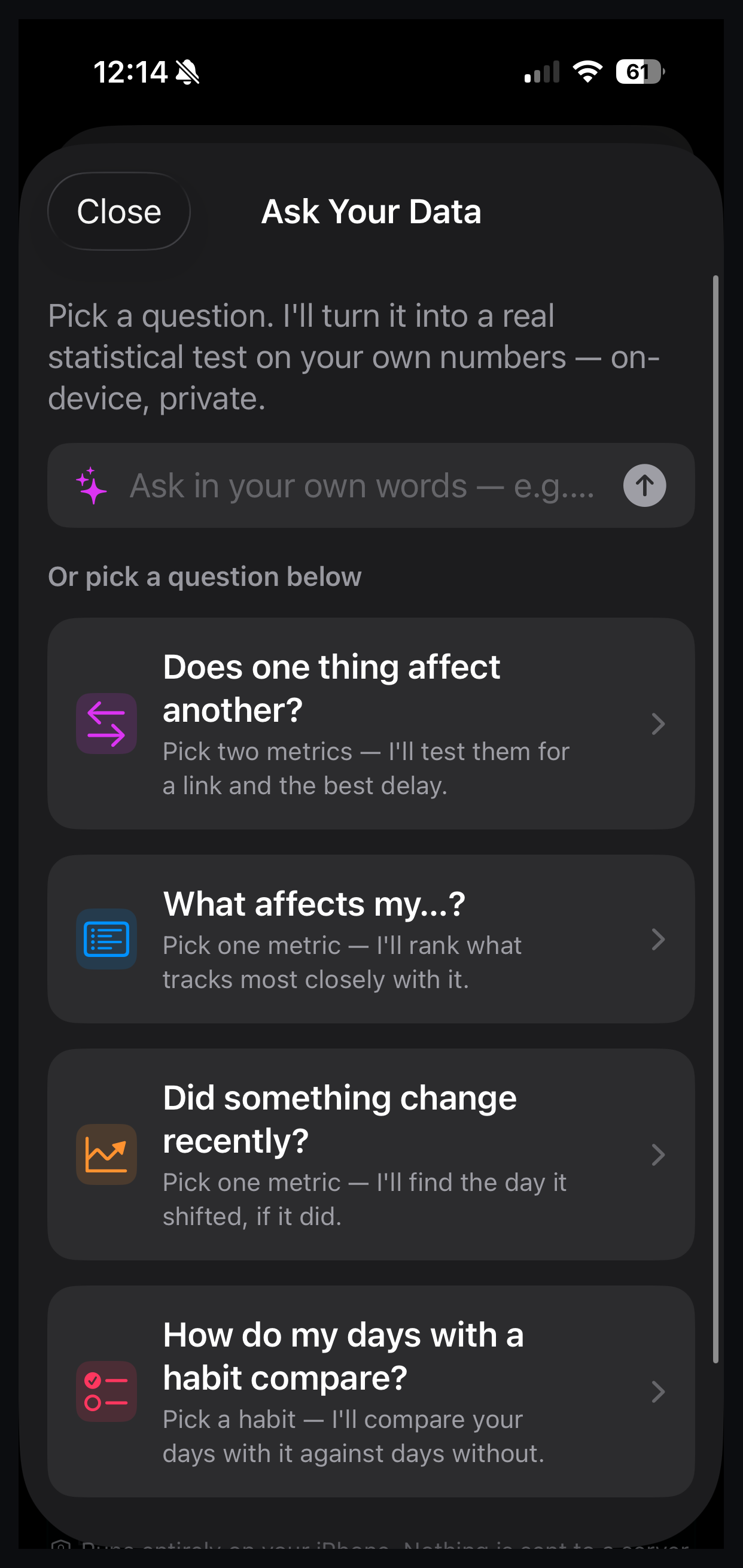 Correlate Ask Your Data screen on iPhone showing the four question templates for testing relationships in Apple Health data.