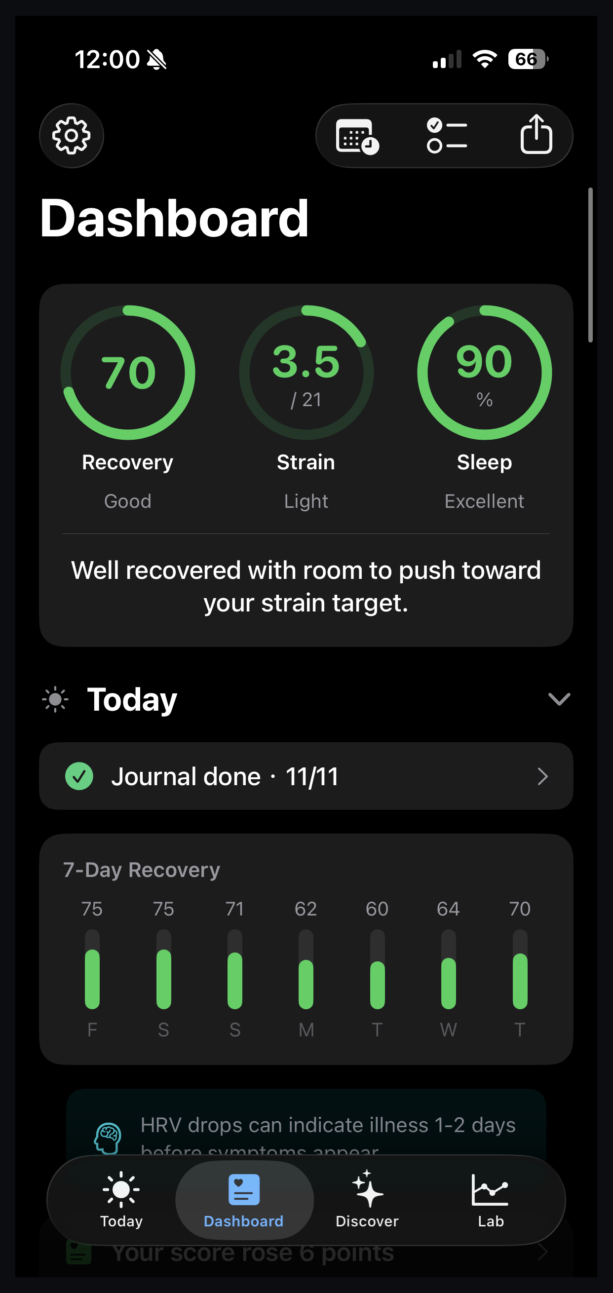 Correlate Dashboard on iPhone showing three daily rings: Recovery 70 Good, Strain 3.5 of 21 Light, Sleep 90 percent Excellent, with a seven-day recovery bar chart underneath.