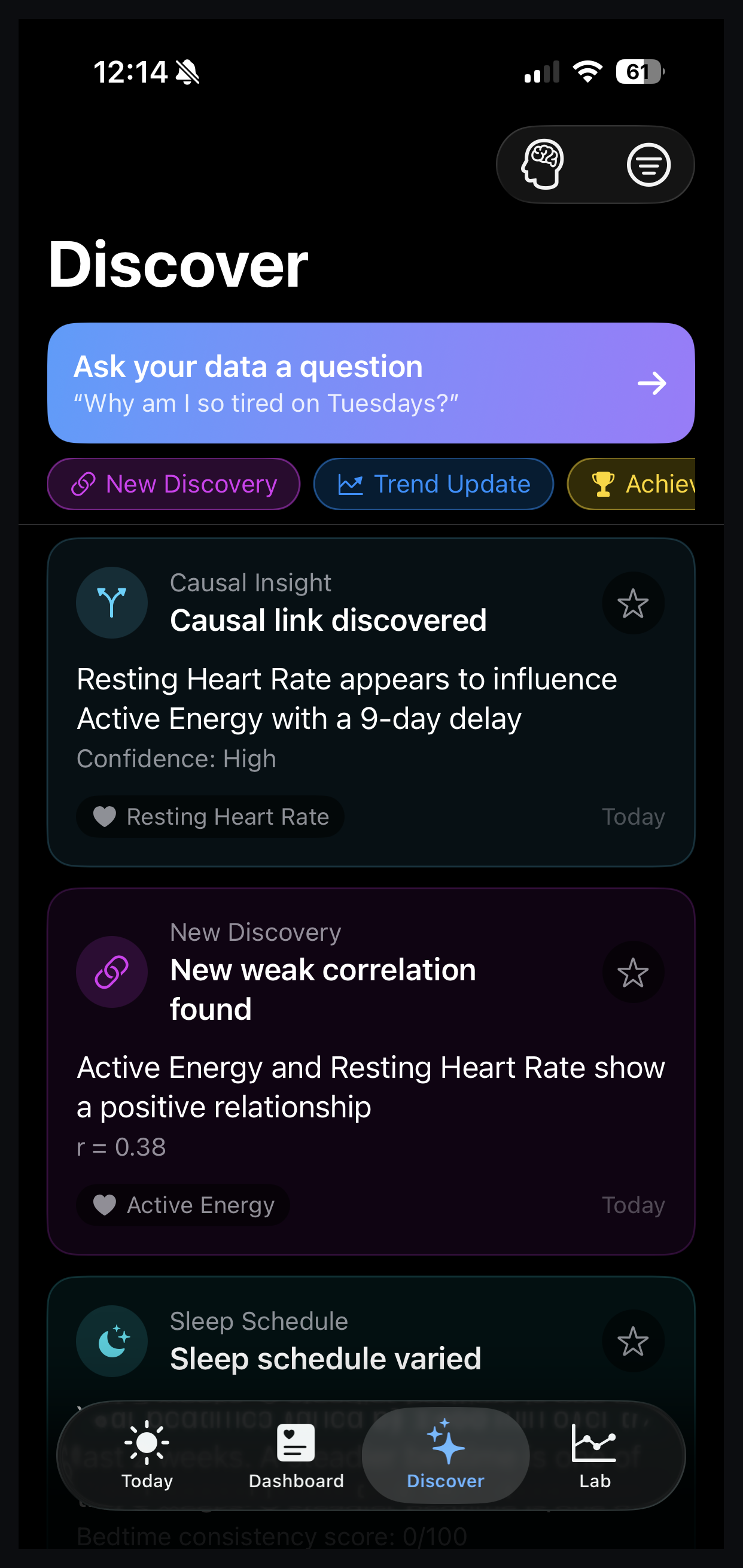 Correlate Discover tab showing an auto-detected relationship: resting heart rate influencing active energy with a nine-day delay, high confidence.