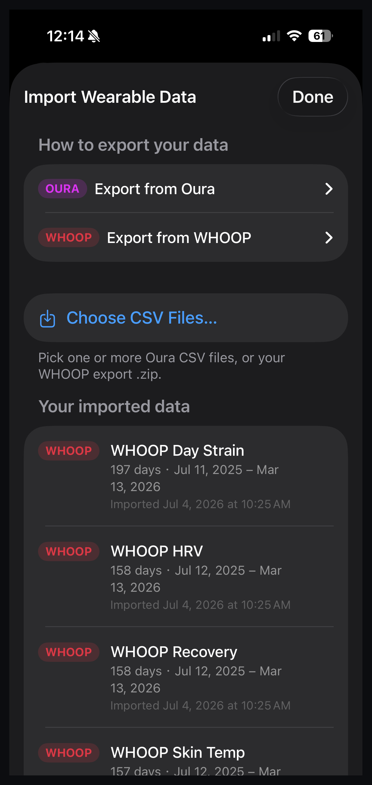 Correlate import screen on iPhone showing options for WHOOP zip export and Oura CSV export, both read on the device.