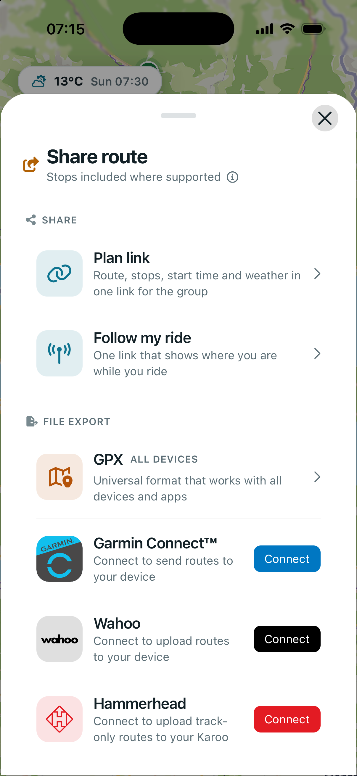 Route Companion export sheet with a plan link, follow-my-ride link, GPX export and direct upload to Garmin, Wahoo and Hammerhead