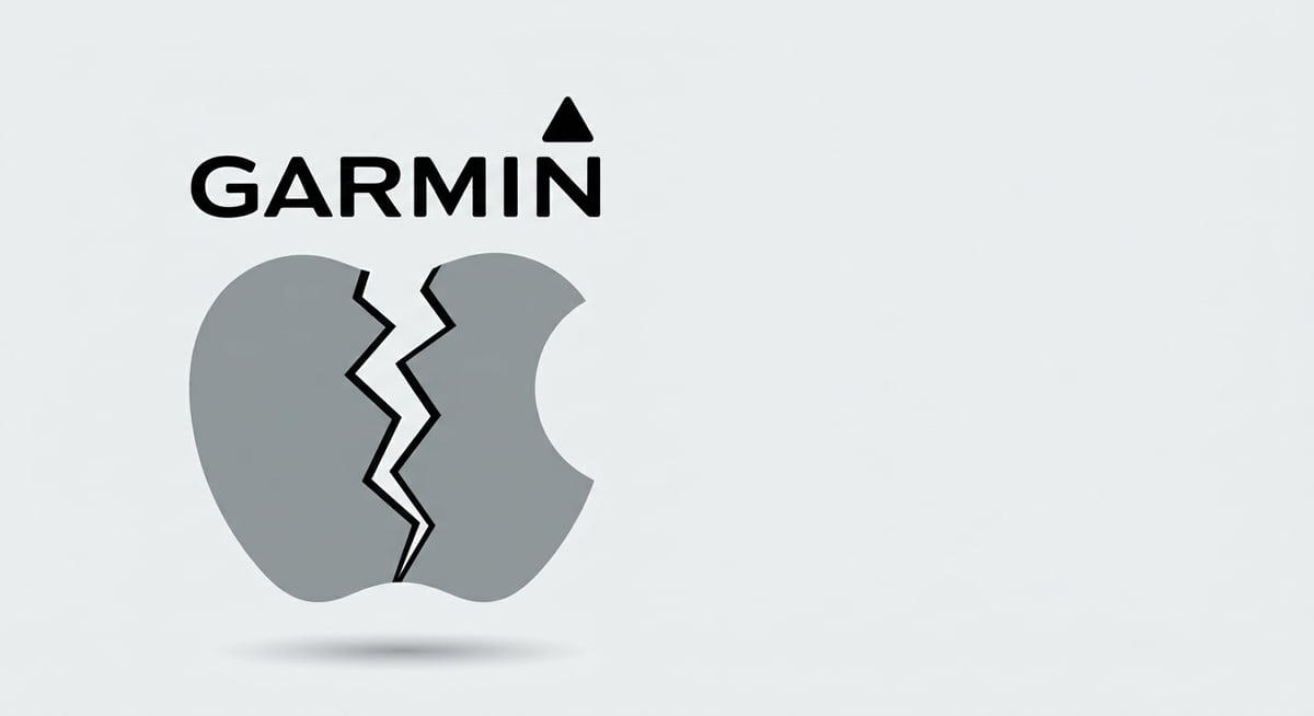 Garmin logo splitting a cracked Apple logo, representing Garmin Express compatibility problems on Apple Silicon Macs