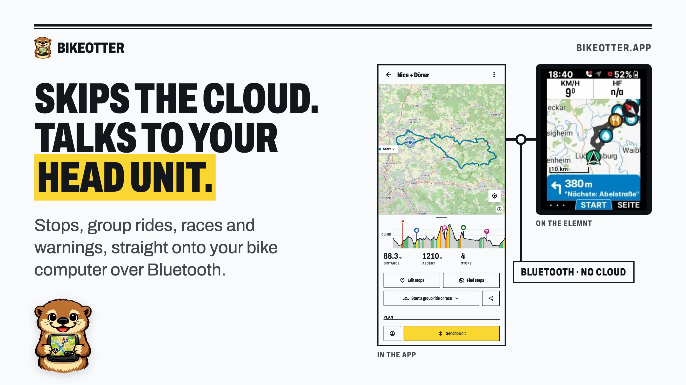 BikeOtter app sending a route to a Wahoo ELEMNT bike computer, with water and cafe stops shown on the unit's map