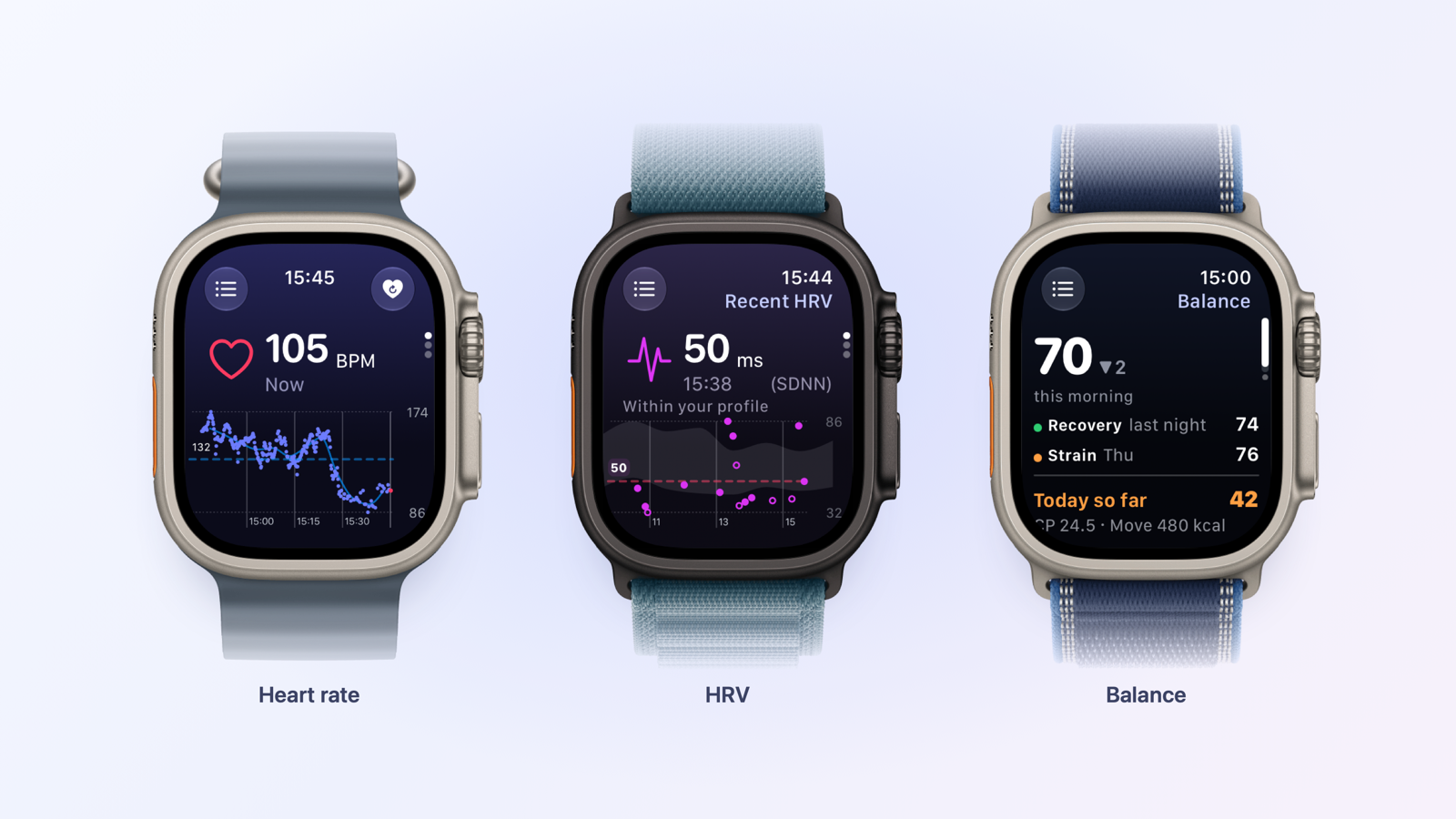Heart Analyzer on Apple Watch Ultra showing heart rate, HRV and Balance