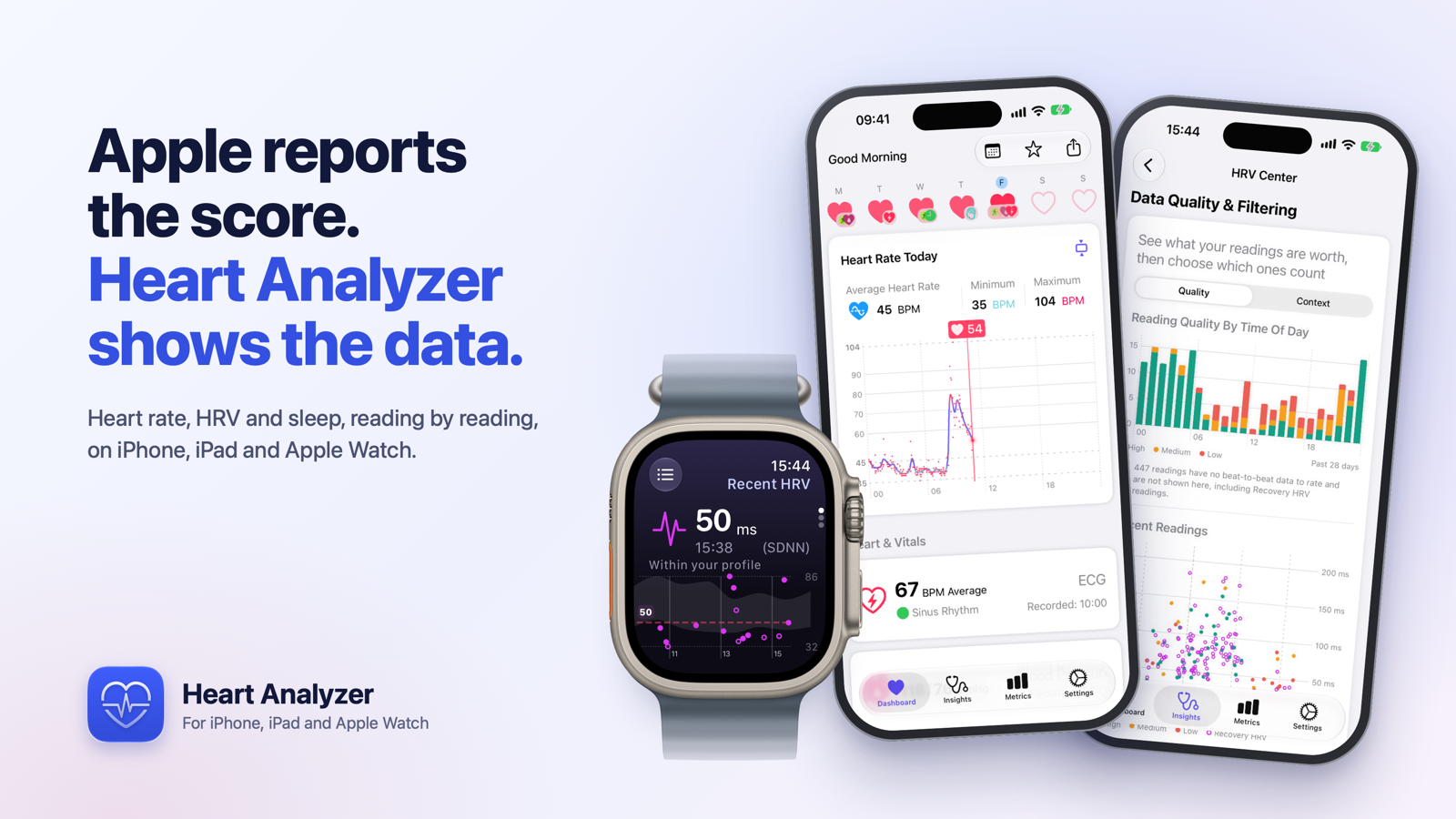 Heart Analyzer on iPhone and Apple Watch showing heart rate, HRV and the quality of each reading