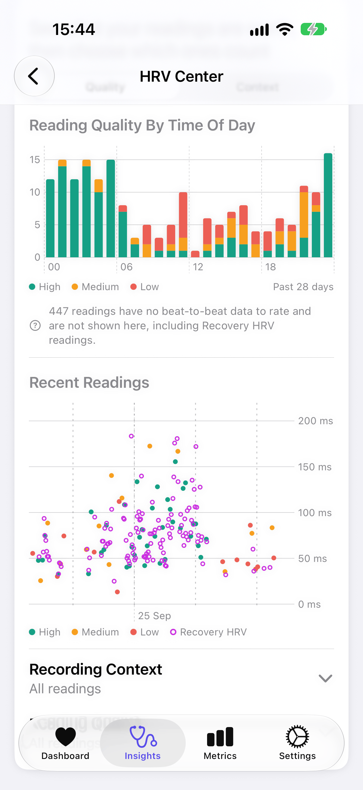 Heart Analyzer HRV Center rating each HRV reading's quality, with Recovery HRV readings shown as unrated open circles