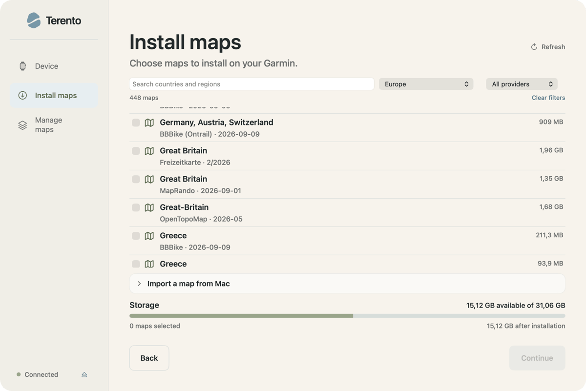 Terento map catalogue displaying map packages and available storage