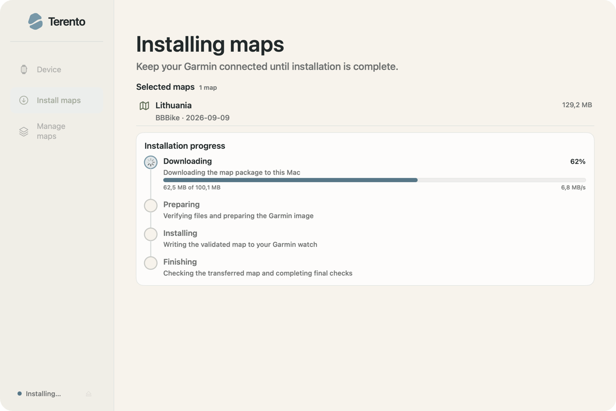 Terento four-stage map download and installation progress screen