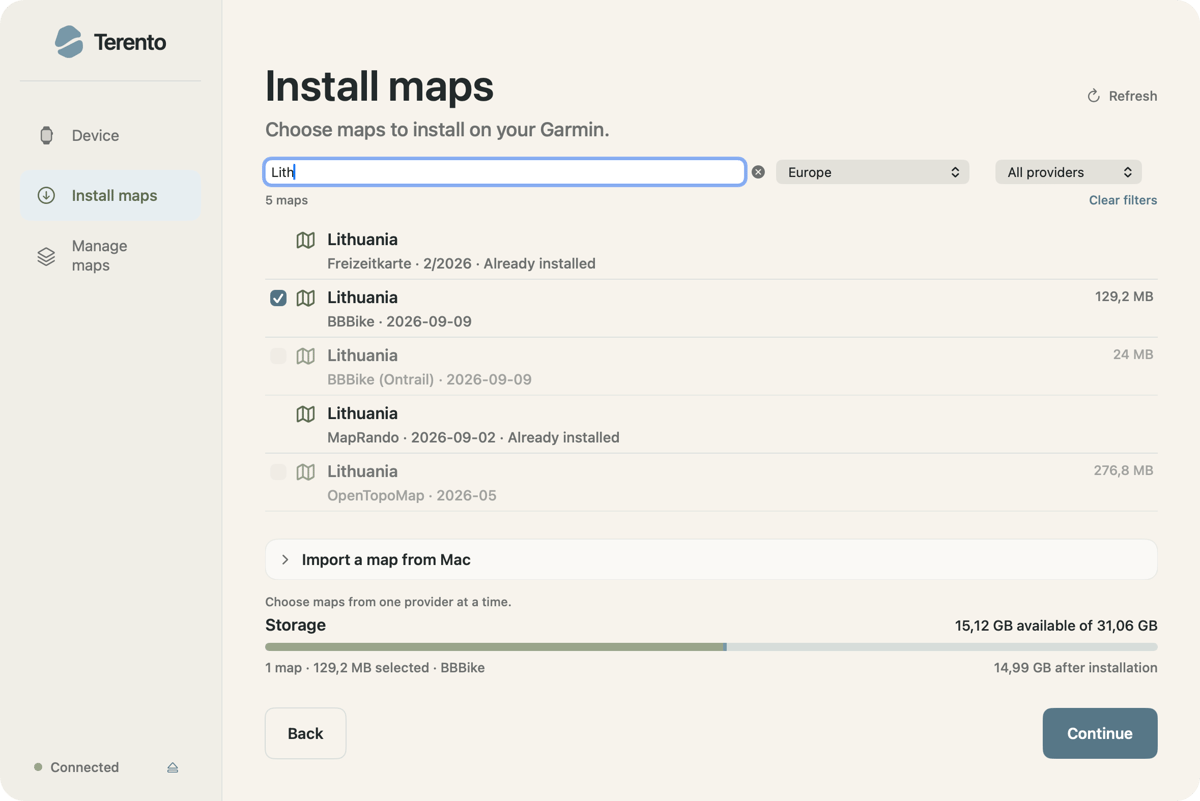 Terento built-in map catalogue
