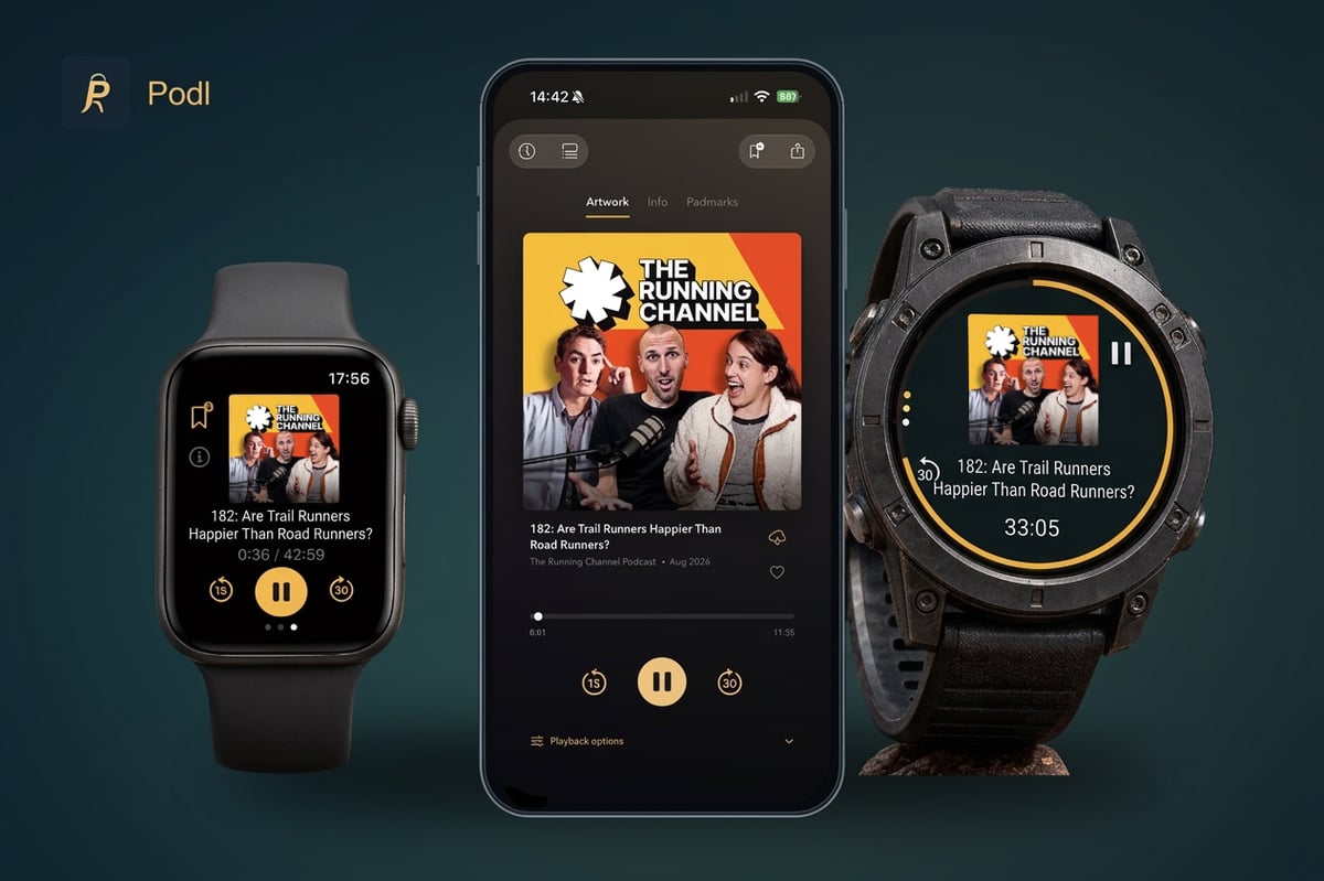 Podl app running on iPhone alongside a Garmin watch showing synced podcast episodes