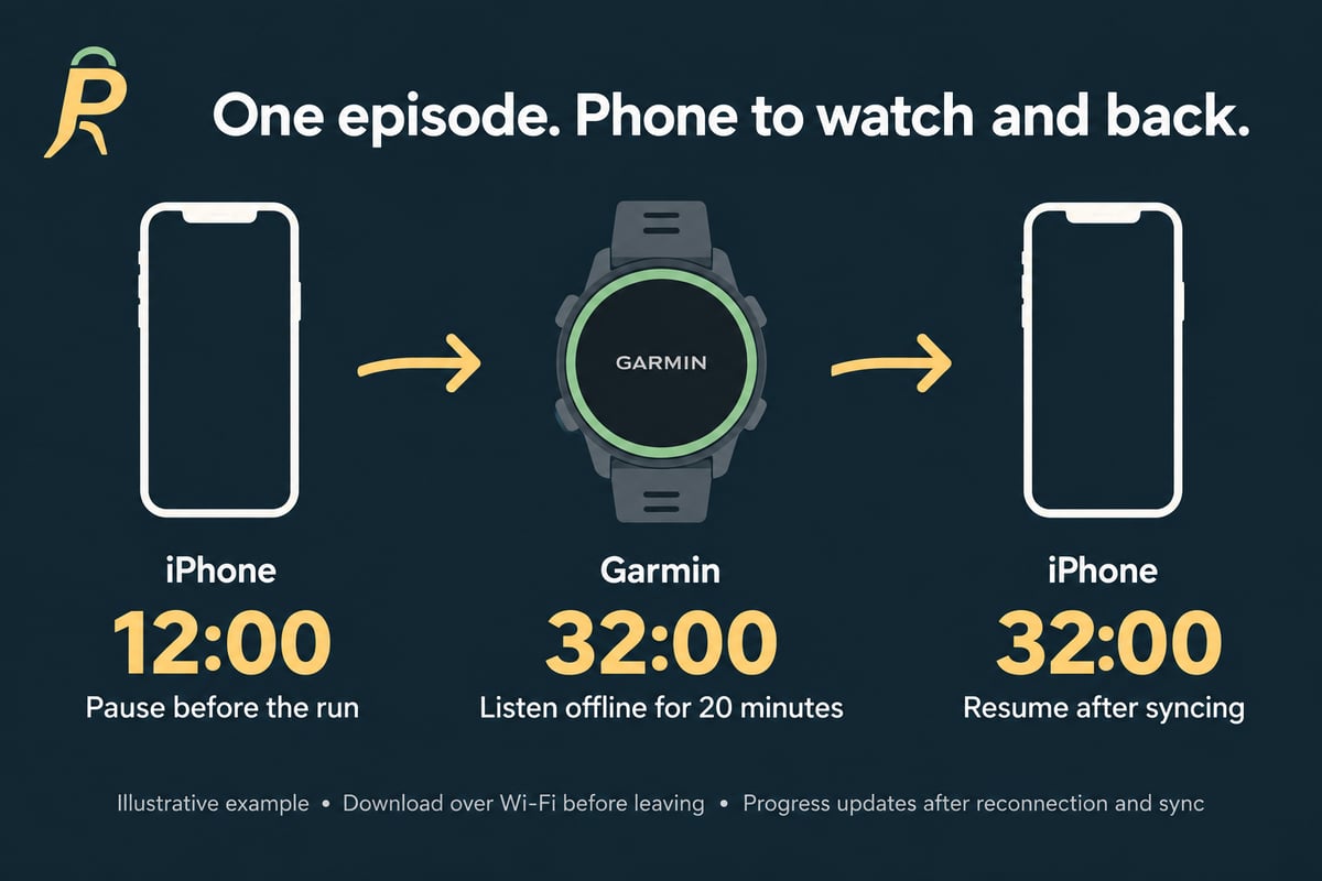 Podl syncing podcast listening progress between iPhone and Garmin watch