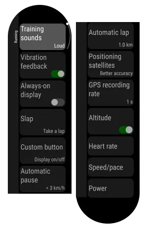 Polar running sport settings on the watch, including training sounds, automatic lap and GPS recording rate