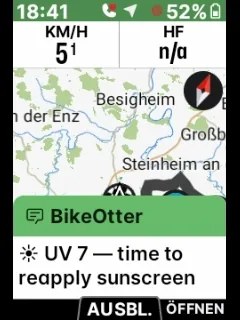 BikeOtter rain warning rule shown as a message on a Wahoo ELEMNT screen