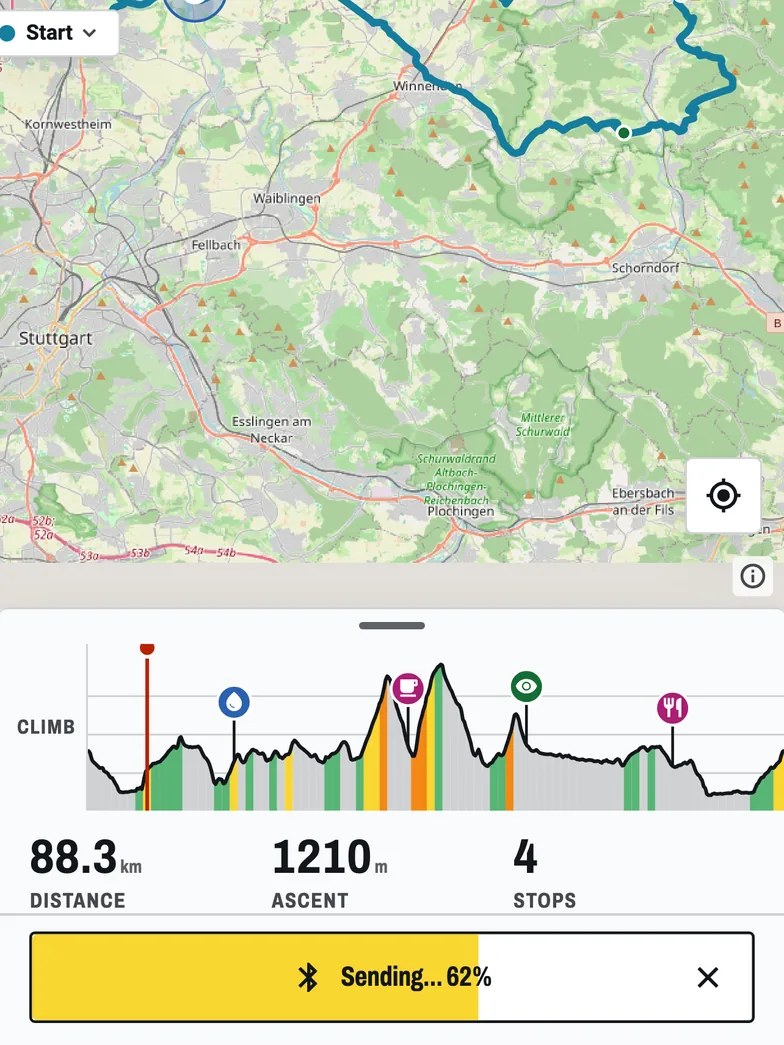 BikeOtter sending a route with four stops to a Wahoo ELEMNT over Bluetooth