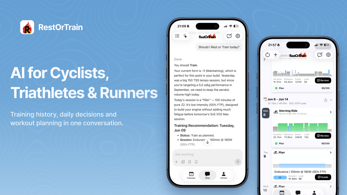 RestOrTrain AI training app for cyclists, triathletes and runners, showing a training conversation and workout calendar