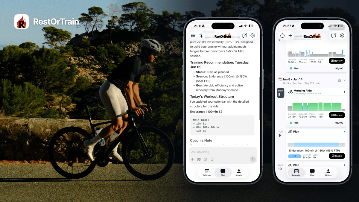 Cyclist riding outdoors alongside RestOrTrain training chat and workout calendar screens