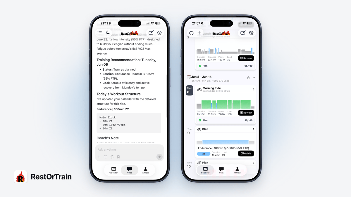 RestOrTrain chat showing a structured cycling workout beside its matching calendar entry
