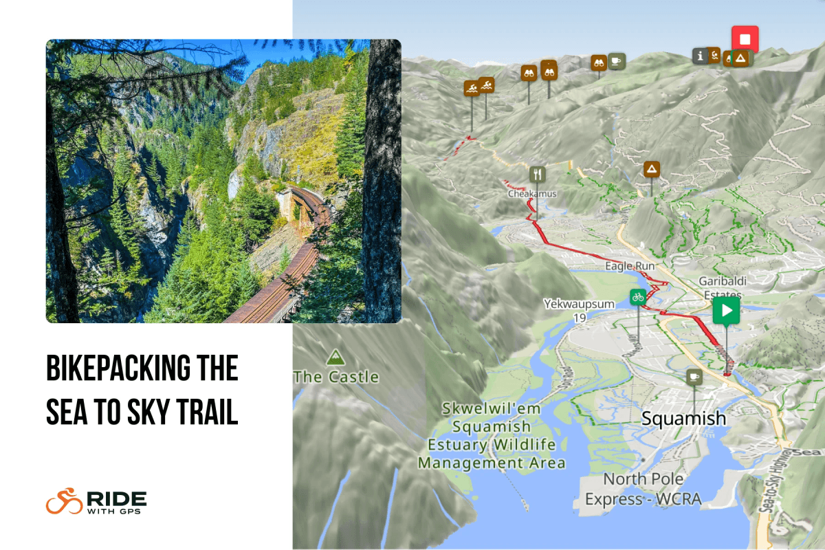 Ride with GPS 3D map view showing a route with terrain and elevation