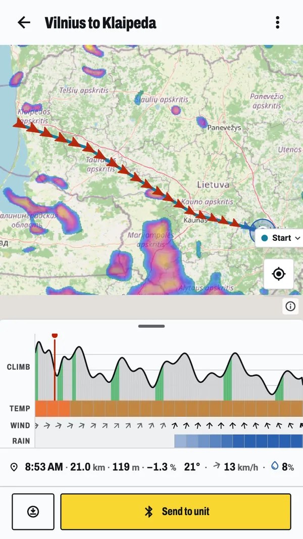 BikeOtter forecast along a cycling route at the rider's expected pace, shown the evening before the ride