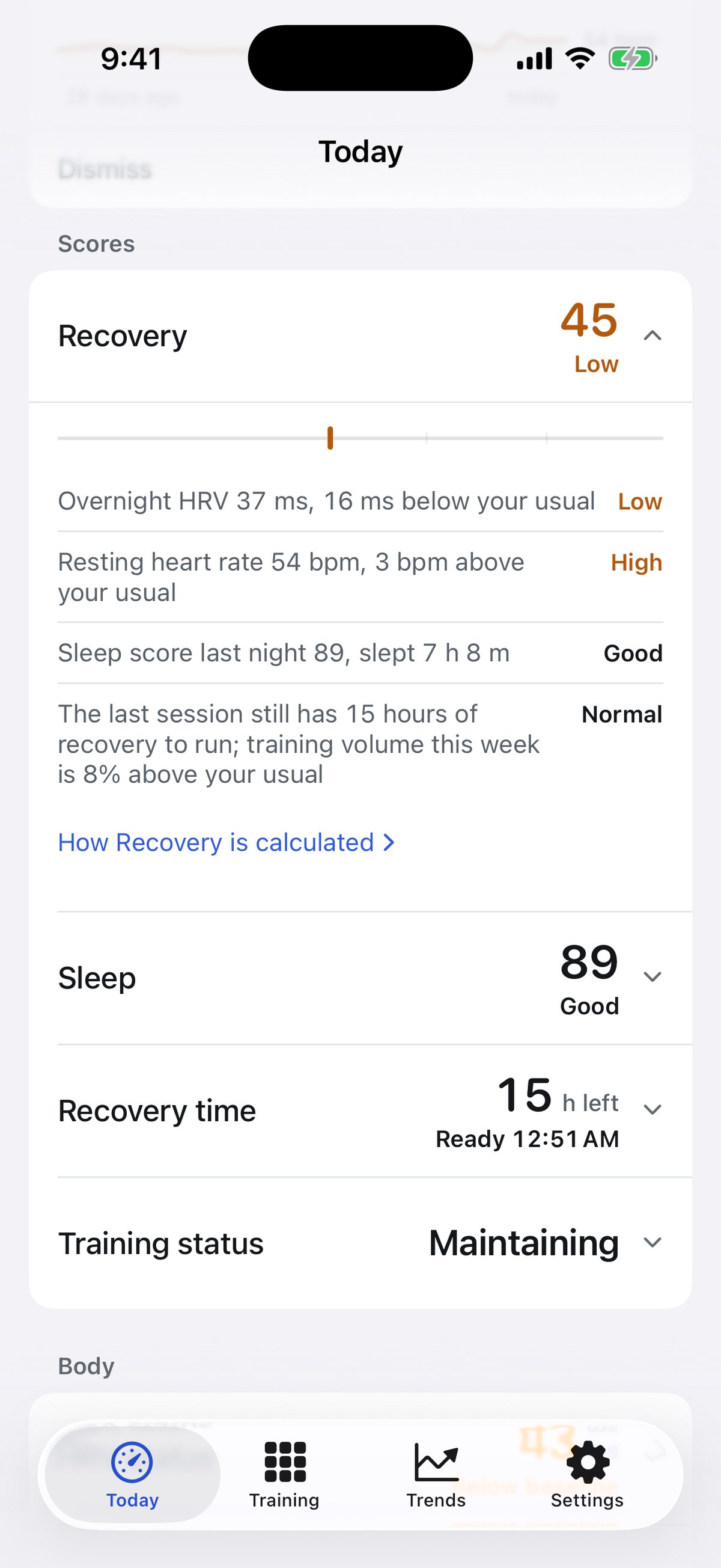 Somvia Today screen showing a recovery score of 45 with underlying HRV and resting heart rate readings