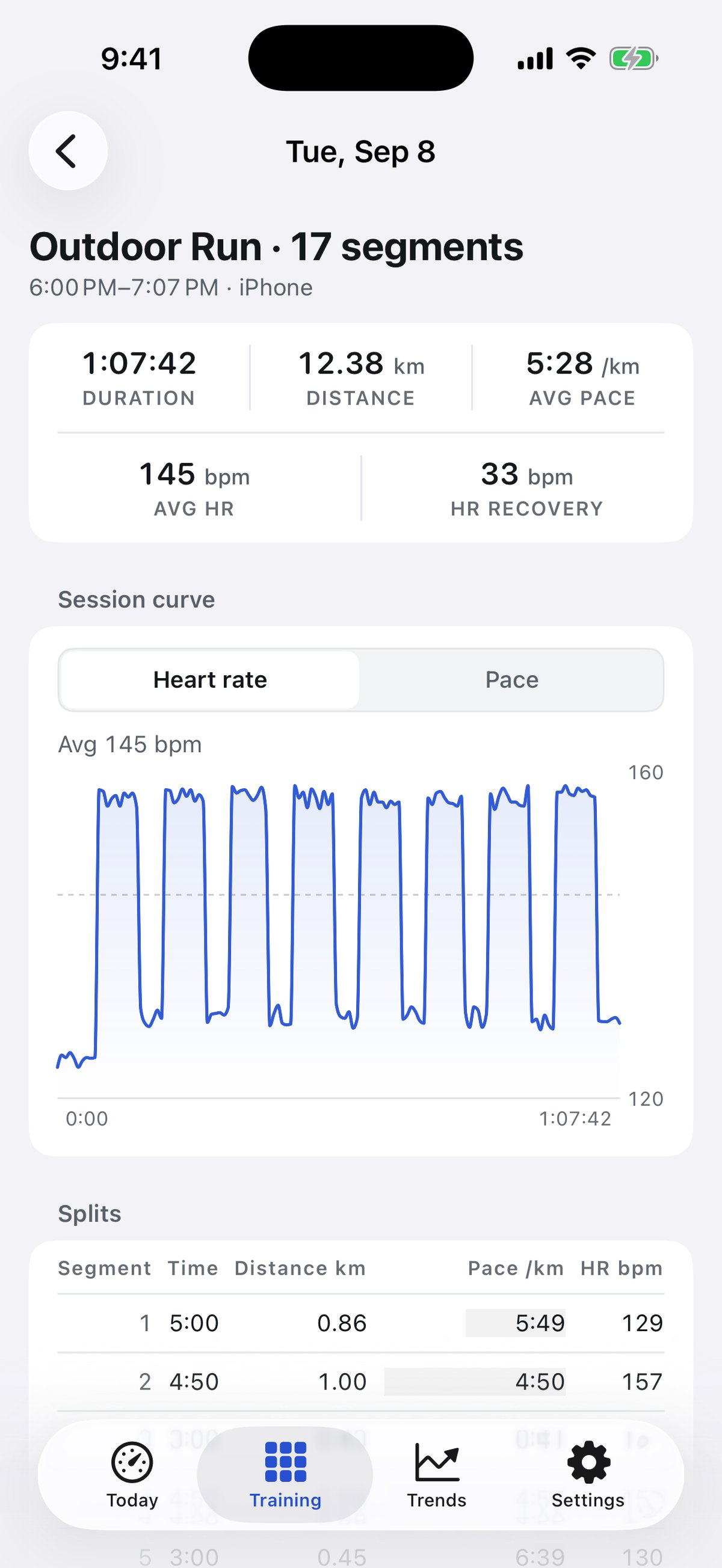 Somvia workout detail screen showing interval segments and heart-rate curve
