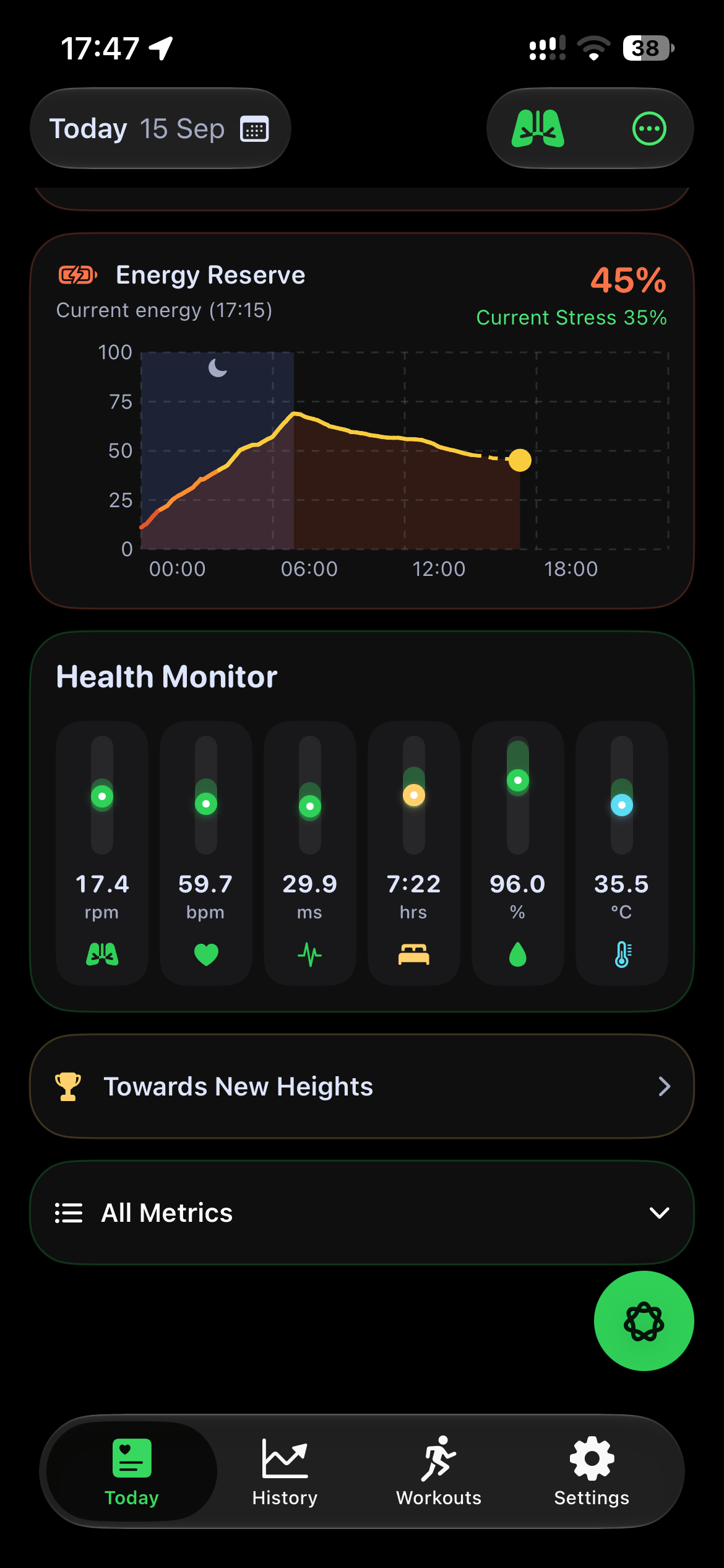 SportVitals iOS dashboard showing recovery and sleep metrics