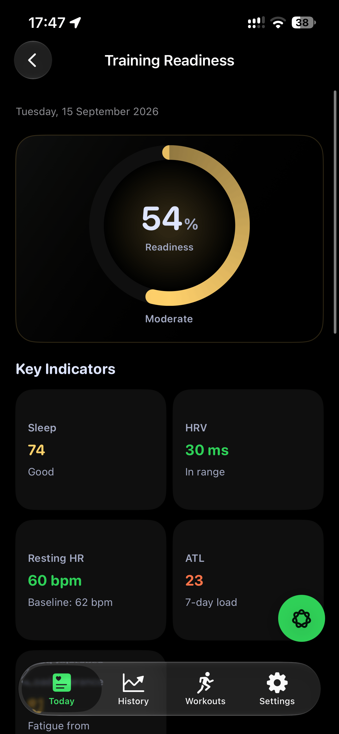 SportVitals Training Readiness breakdown showing sleep quality, TRIMP recovery, HRV baseline and load tolerance contributions