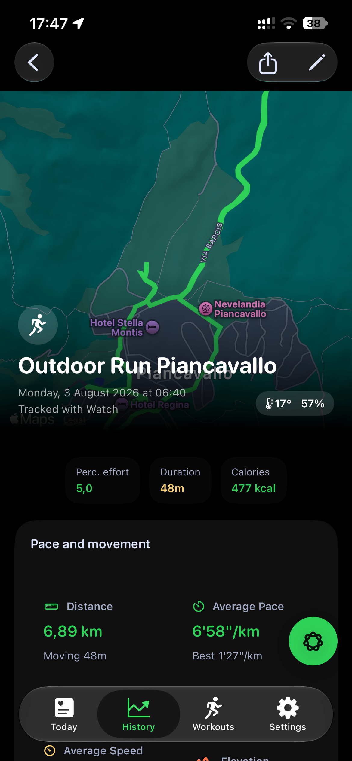 SportVitals workout detail screen with a structured session breakdown