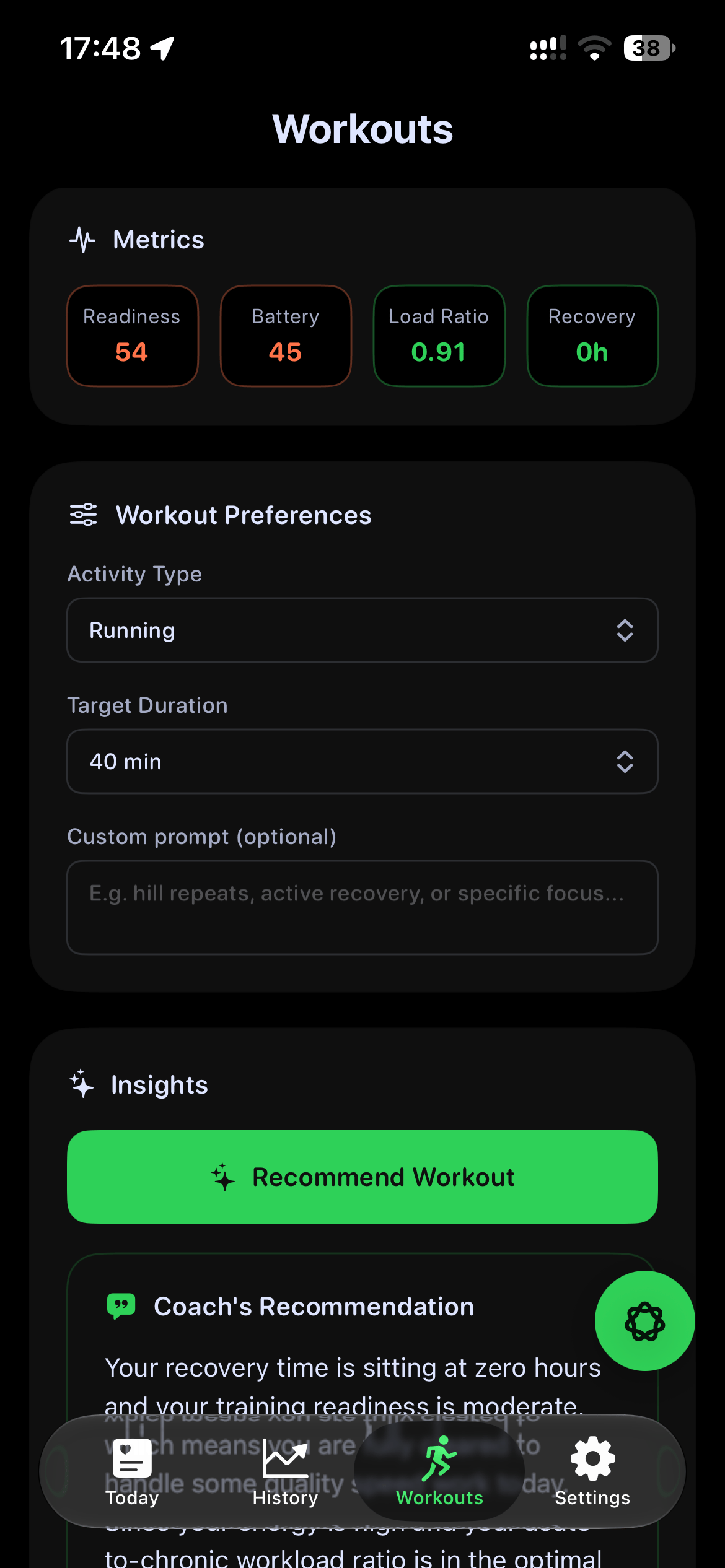 SportVitals workout suggestions based on sport and current training metrics