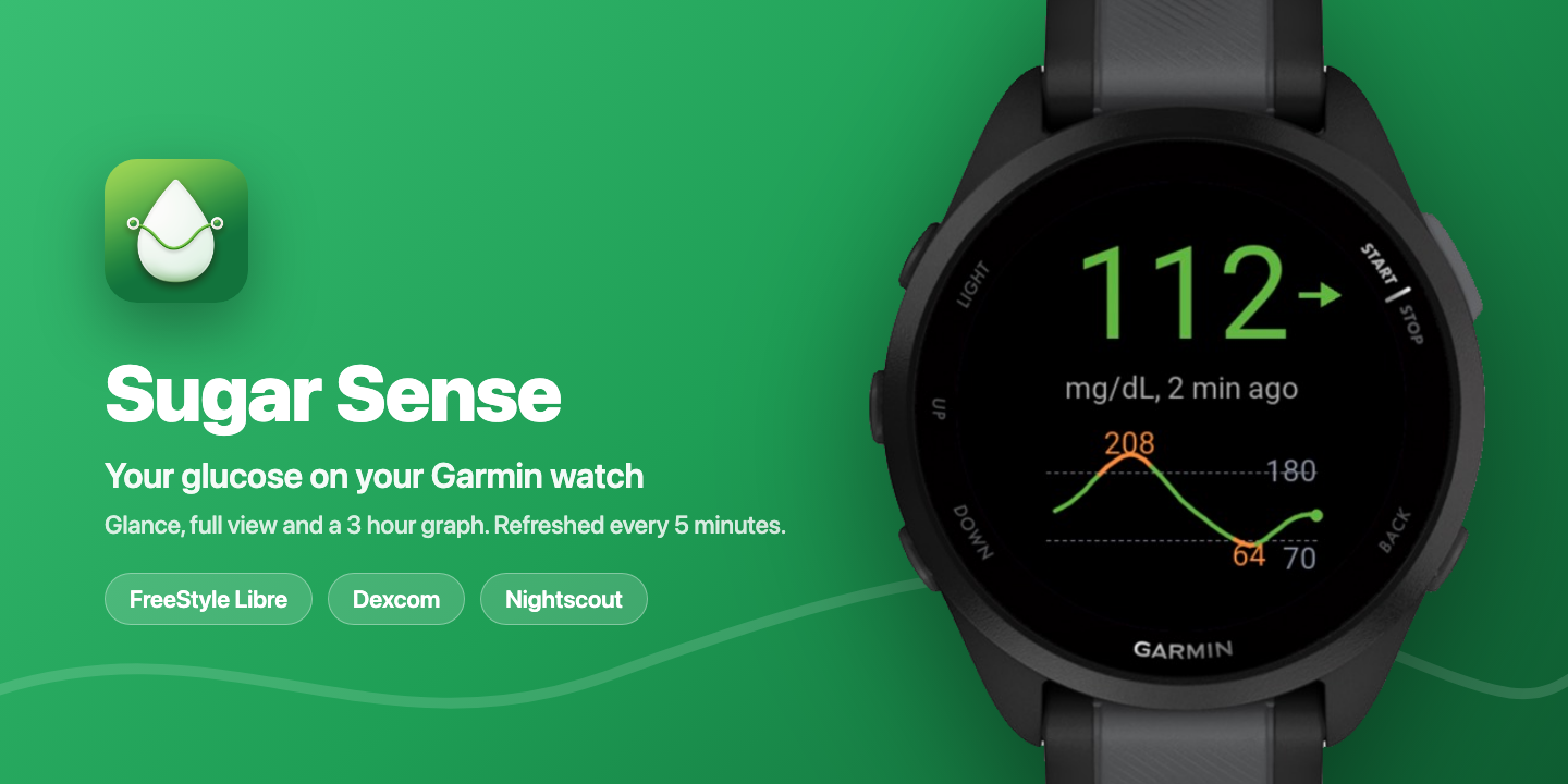 Sugar Sense widget on a Garmin watch showing glucose from FreeStyle Libre, Dexcom or Nightscout with a 3-hour graph.