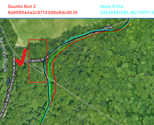suunto run 2 garmin fenix 9 pro trail run under trees gps details shows garmin is right and suunto amazfit both skew to east