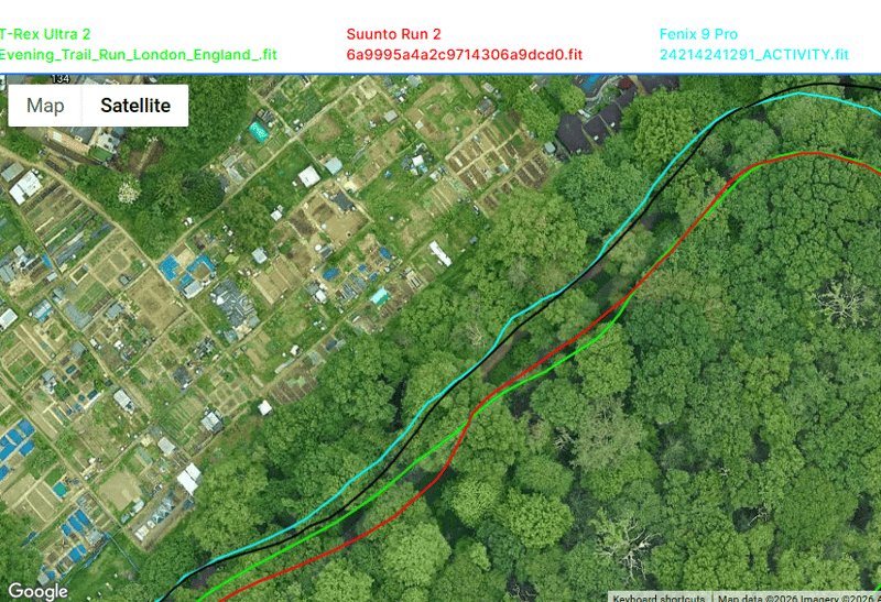 suunto run 2 garmin fenix 9 pro trail run under trees gps details shows garmin is right interestingly suunto and amazfit both show where the incorrect map places the path